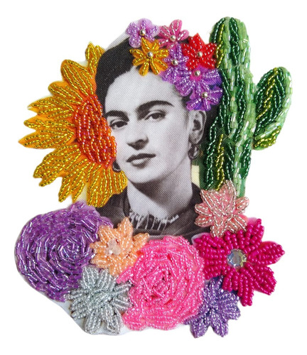 Parche Aplique Frida Kahlo Bordado Mostacilla Verde Estampado