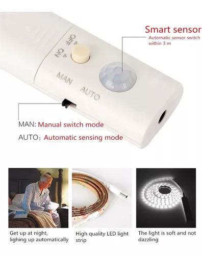 Funciona con pilas, tiras de luz LED con sensor de movimiento, luz nocturna  inteligente, activada por movimiento, para habitación, luz blanca fría