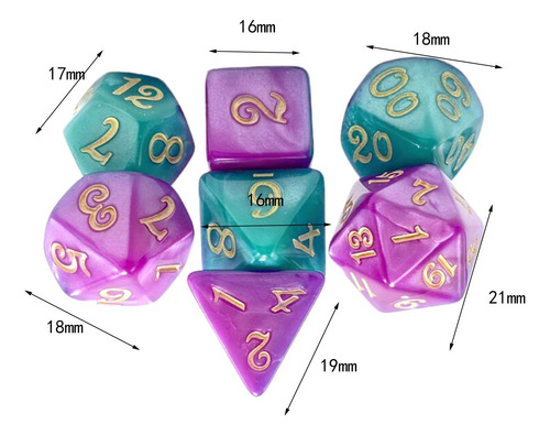 7x Dados Poliédricos D4 D6 D8 D10 D12 D20 Verde Violeta