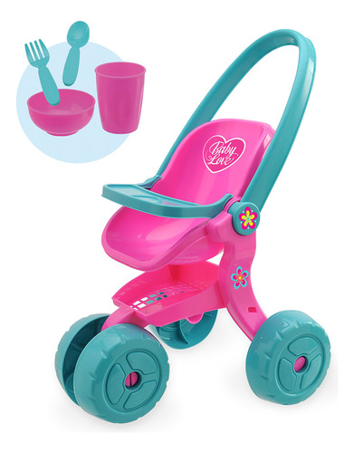 Carrinho De Boneca De Brinquedo Baby Love Mais Kit Papinha