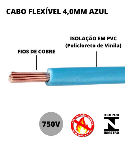 Cabo De Energia Eletrica Azul Fio Neutro De 4,0mm 10 Metros
