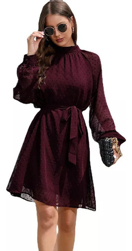 Vestido Casual De Moda Con Cinturón Manga Larga Para Mujer