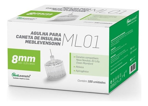 Agulha 8mm Para Caneta De Insulina Medlevensohn 100 Unid