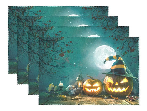 Halloween Placemats Pumpkin Lantern Candles Heat Stain Resis