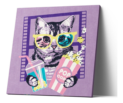 Cuadro Canvas Gato Cinéfilo Lentes 3d 20x20cm