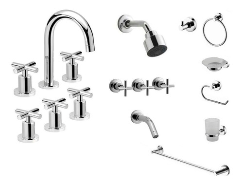 Combo Grifería Valencia Lavatorio Bidet Ducha Accesorios Aho