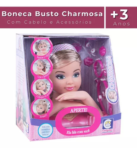 Busto Boneca Charmosa Negra Cabeleireira Para Pentear Com Som