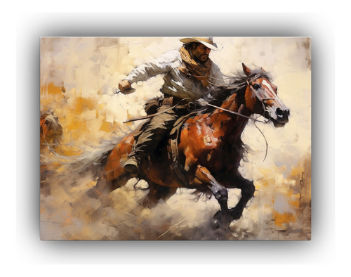 50x40cm Cuadro Cowboy Caballo Domando Lienzo Bastidor Madera