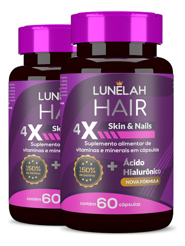 Lunelah Cabelo Pele E Unhas + Acido Hialuronico 60 Cápsulas 2 Potes Lunelah
