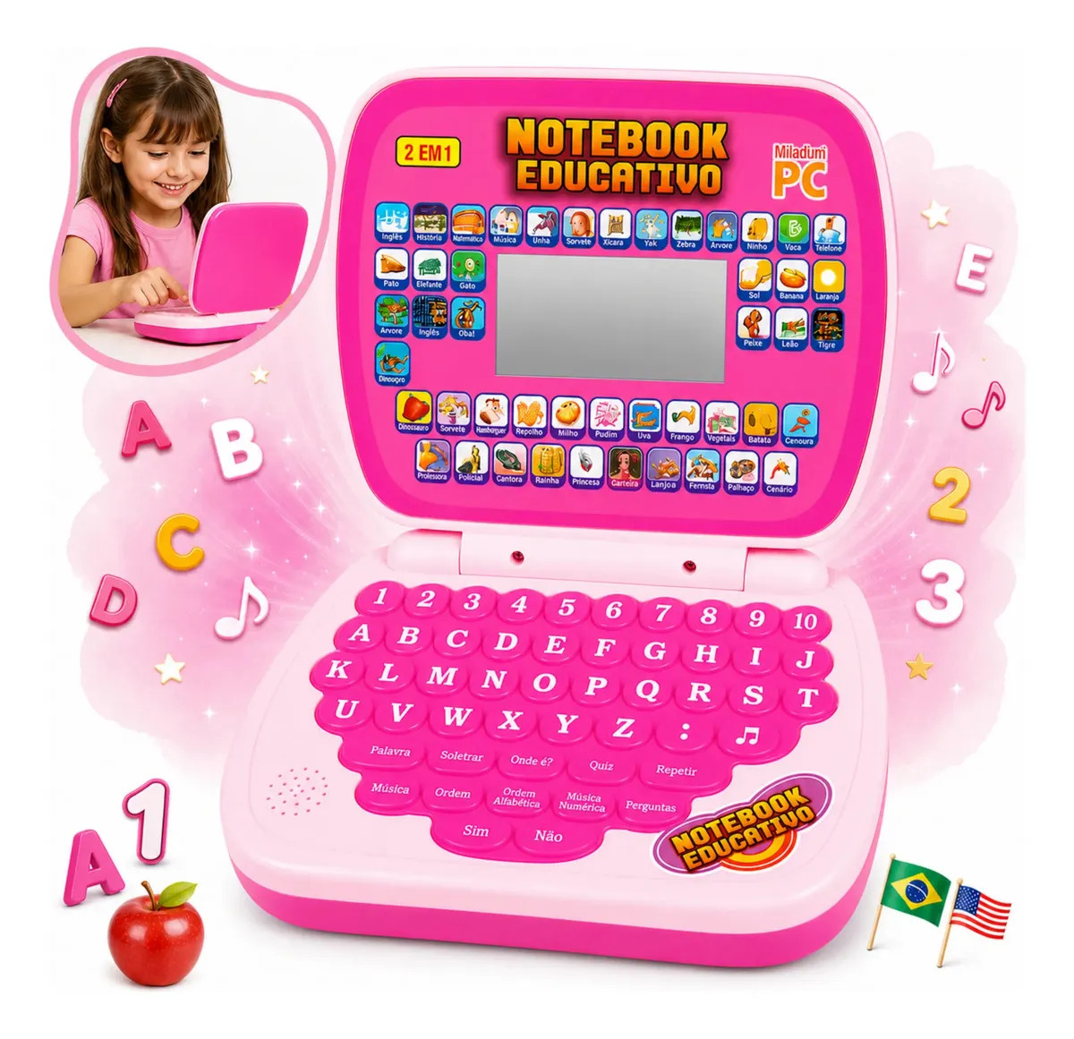 Laptop Notebook Infantil Educativo Menino Menina Estudo Bilingue Inglês Português Notebook Presente Kizumba Cor Rosa
