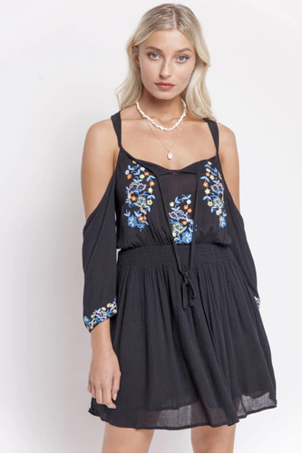 Vestido Boho Bordado Negro De Doble Gasa Hippie Chick