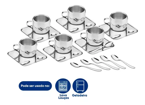 Jogo Xícaras com Pires e Colheres para Café Chá Inox 18 pcs