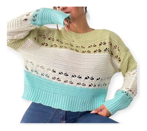 Sweater Grueso Calado Cuello Redondo Combinado 3 Colores