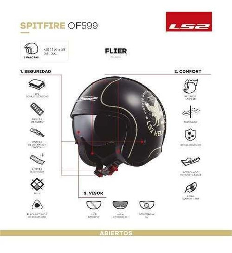Imagen 3 de 7 de Casco Moto Abierto 599 Spitfire Flier Negro Ls2 Oficial