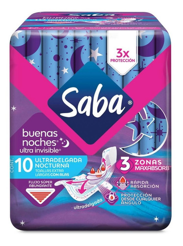 Toalla Sanitaria Saba Ultra Invisible Nocturna C/ Alas 10 Pz