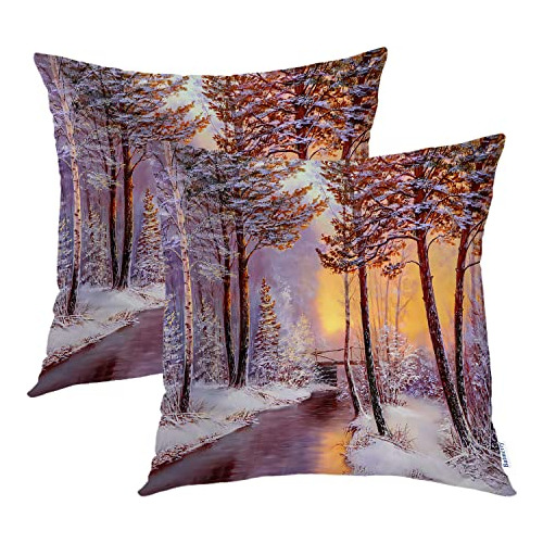 Fundas De Almohada De Escena De Bosque De Invierno Nara...