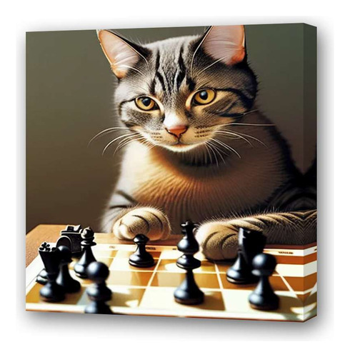 Cuadro 30x30cm Gato Pensando Jugando Ajedrez Chess