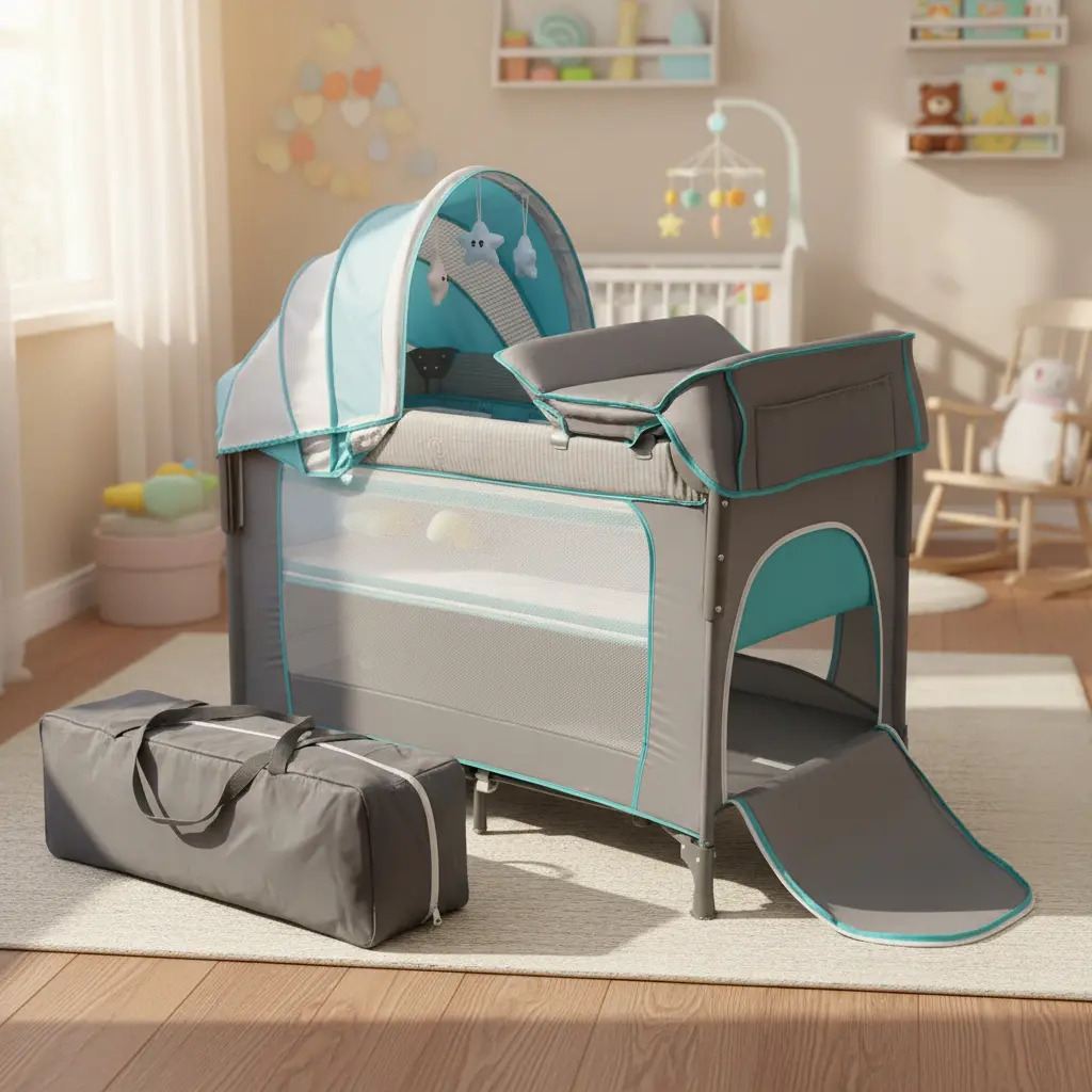 Imagen de Mamaease Cuna Corral Plegable Viajero Bebé 5 En 1 Cambiador Exterior Gris