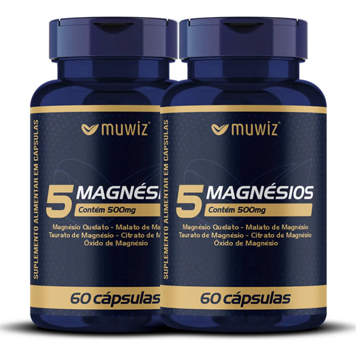 Kit 2x 5 Magnésios ( Magnésio Quelato + Magnésio Malato + Taurato De Magnésio + Citrato De Magnésio + Óxido De Magnésio ) 60 Cápsulas - Muwiz