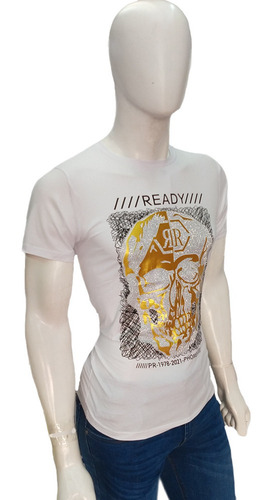 Imagen 2 de 6 de Playera Hombre Estampada Calavera Dorada Pedreria Slim Fit