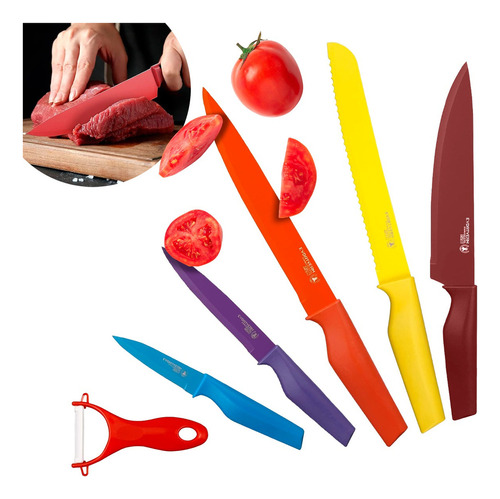 Juego Set 6 Piezas Cuchillos Cocina Acero Inoxidable Colores Color Multicolor