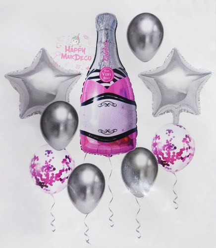 Bouquet Globos Cumpleaños Plateado+ Botella Champagne Rosada