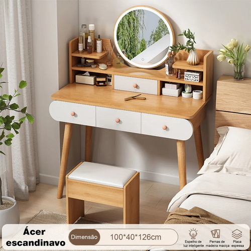 Penteadeira Para Salão De Maquiagem Com Espelho Led E 4 Gavetas 100x40cm Nogueira Clara Moderna Yesop