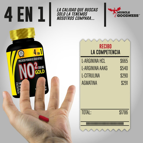 Imagen 4 de 6 de No2 Gold 4 En 1, Arginina Hcl + Citruina + Agmatina 60 Cap
