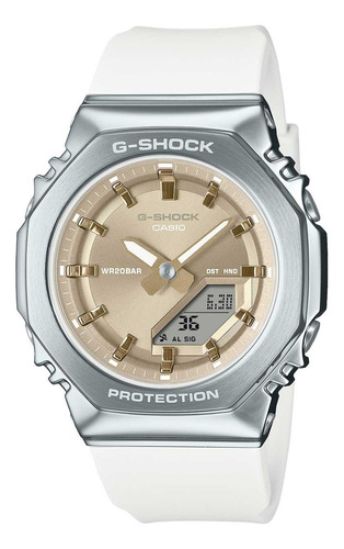 Reloj Casio G-shock Gm-s2110-7a9cr Para Mujer Correa Blanco Bisel Plateado Fondo Dorado