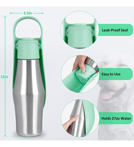 Botella De Agua Portátil Para Perros De Viaje De 27 Oz, Come Color Verde Claro