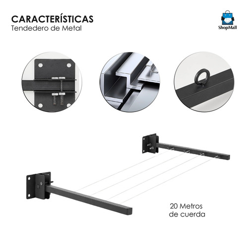 Tendedero Plegable Retráctil Ropa Reforzado Metal 20 Metros Color Negro