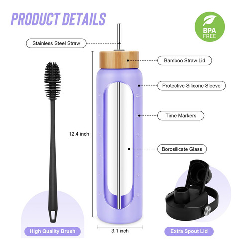 Botella De Agua De Vidrio 1 Litro Vaso Motivacional Con Tapa