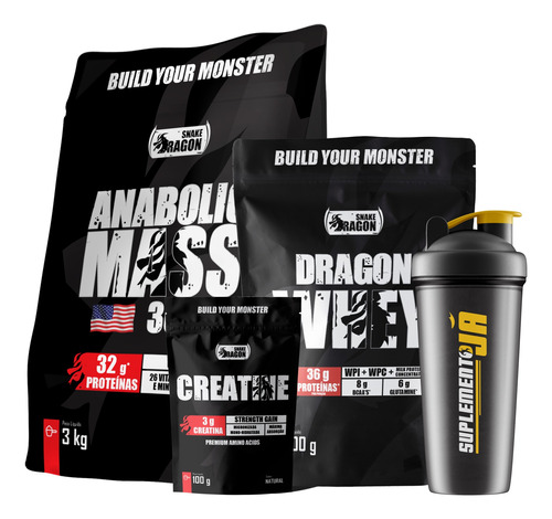 Kit Dragon Whey + Hiper Mass 3kg + Creatina + Coqueteleira