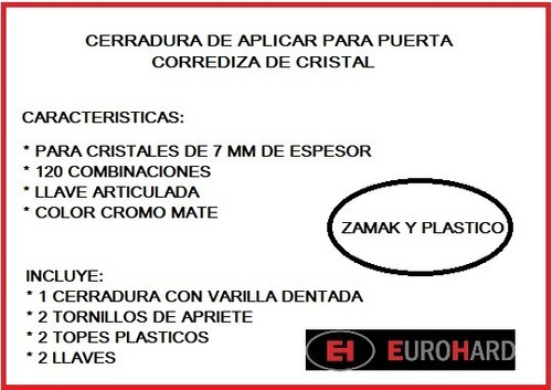 Cerradura De Aplicar P/ Pta Corrediza Cristal - 328-eurohard