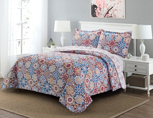 Imagen 6 de 6 de Cubrecama Quilt Cover Reversible +fundas Queen Calgary D3