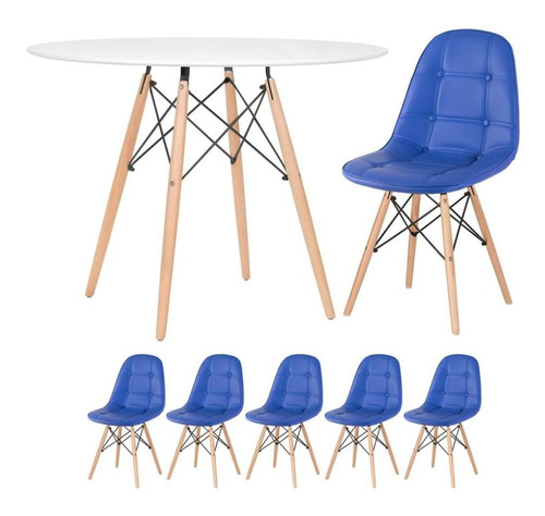 Mesa Jantar Eames 100 Cm + 5 Cadeiras Estofada Eiffel Botonê Cor Mesa branco com cadeiras azul