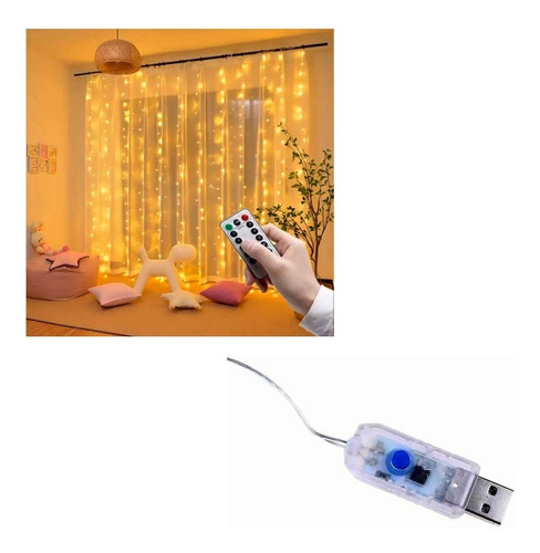 Cortina Luces Led Conexión Usb Control Remoto Calida 3x3 Mts