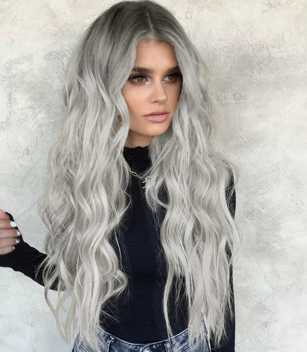 Envío Gratis Peluca Larga De Mujer Color Gris Degradado