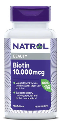 Vitamina Biotin Natrol 10,000 Mcg 100 Capsulas