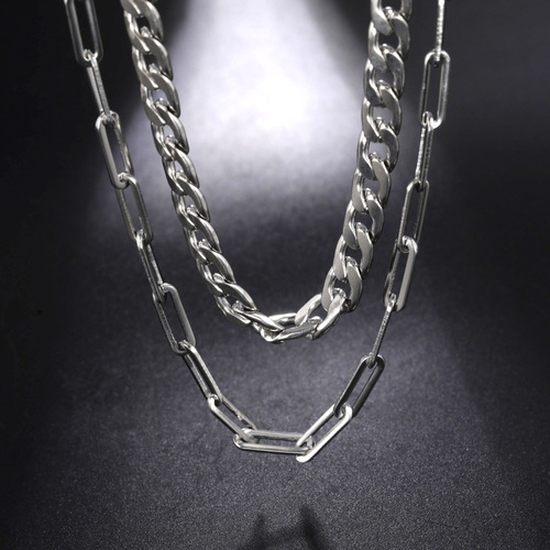 Imagen 9 de 10 de Cadena Cubana Eslabones Hombre Collar Doble Acero Plata 8mm