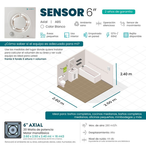 Imagen 4 de 6 de Extractor De Aire Con Sensor 6 Pulgadas Blanco Masterfan
