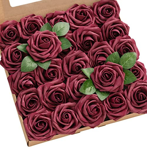 Rosas Artificiales 25pcs Rosas Falsas De Color Borgoña...