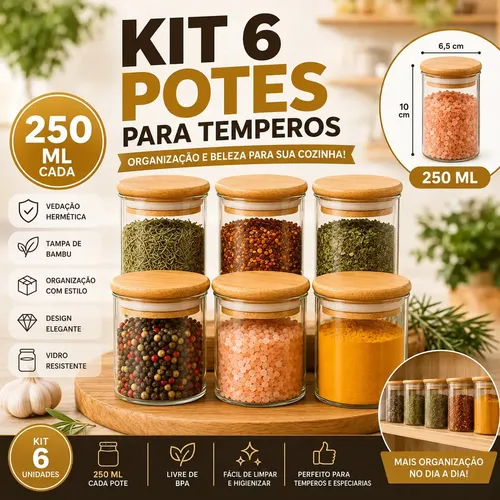 Divinamente Kit 6 Potes de Vidro Hermético 250ml Tampa Bambu Porta Mantimentos Or