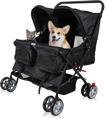 Carriola Doble Para Perros Y Gatos Rueda Giratoria 360°