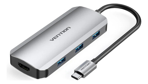 Hub Usb Multipuerto Vention - 6 En 1 - Usb C A Hdmi + 3 Puertos Usb 3.0 + Power Delivery 100w Usb C - 4k 30hz - 5gbps Carcasa Aluminio - 15 Cm - Premium Para Monitor / Pc / Mac / Laptop - Tofhb