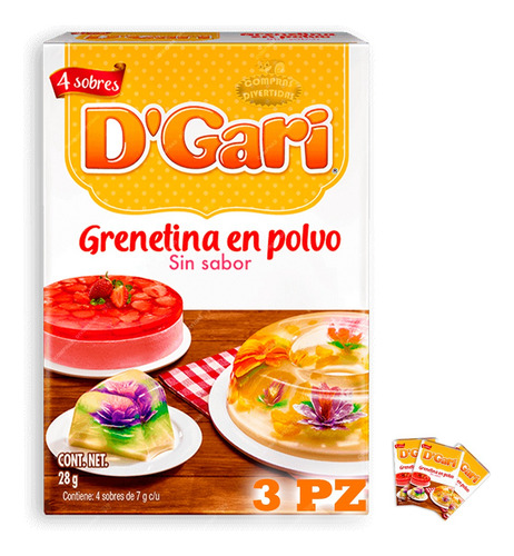3 Pz Grenetina En Polvo D'gari Sin Sabor 28g Para Postres