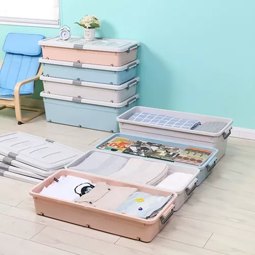 Caja organizadora con broches y ruedas bajo cama 28L - Tienda