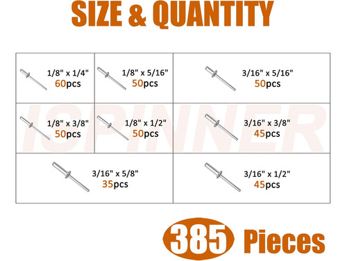 Remaches Ispinner, 385 Piezas, 8 Tamanos, Para Persianas De