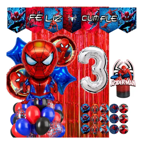 Combo Globos Hombre Araña Spiderman Banderin Stickers Topper Plateado