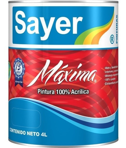 Pintura Vinílica 100% Acrílica Blanco Mate Sayer Máxima 4l